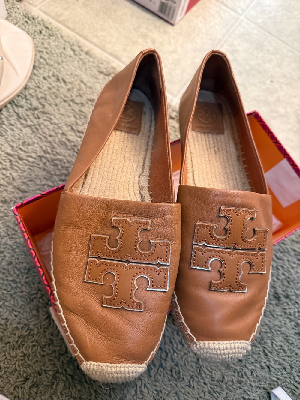 Tory Burch Cognac Leather Logo Espadrille Flats